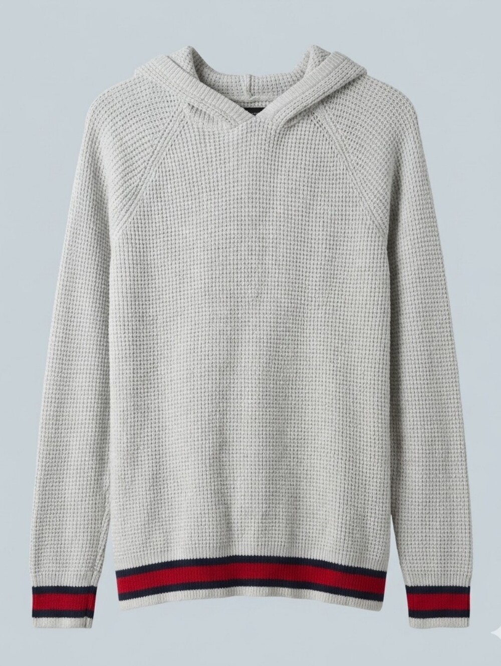 Express Men's Light Gray V-Neck Waffle Hoodie with Red & Navy Stripe Sz Large